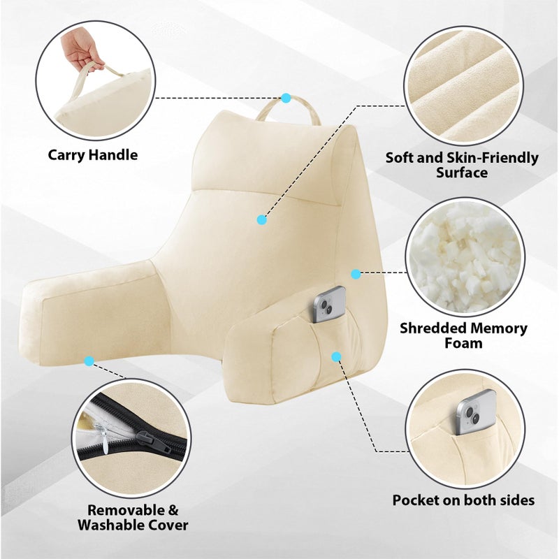 IPYNBAP Back Pillow for Bed Sitting up, Reading Pillow for Sitting in Bed Adult, Back Support Pillow, Memory Foam Sit up Lounge Backrest Pillow with Arms for TV, Couch, Chair, Dorm, 18 Inch, Beige - Image 3