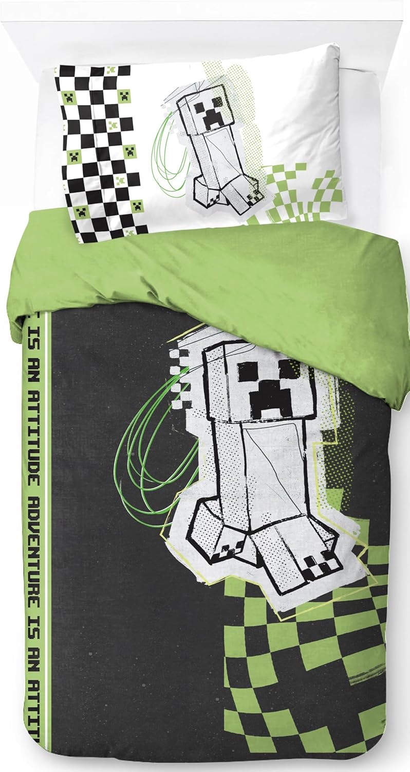 Jay Franco Minecraft Creeper Doodle 100% Cotton Single Duvet Cover Set - Bedding Includes 50 x 70 cm Pillowcase - Image 1