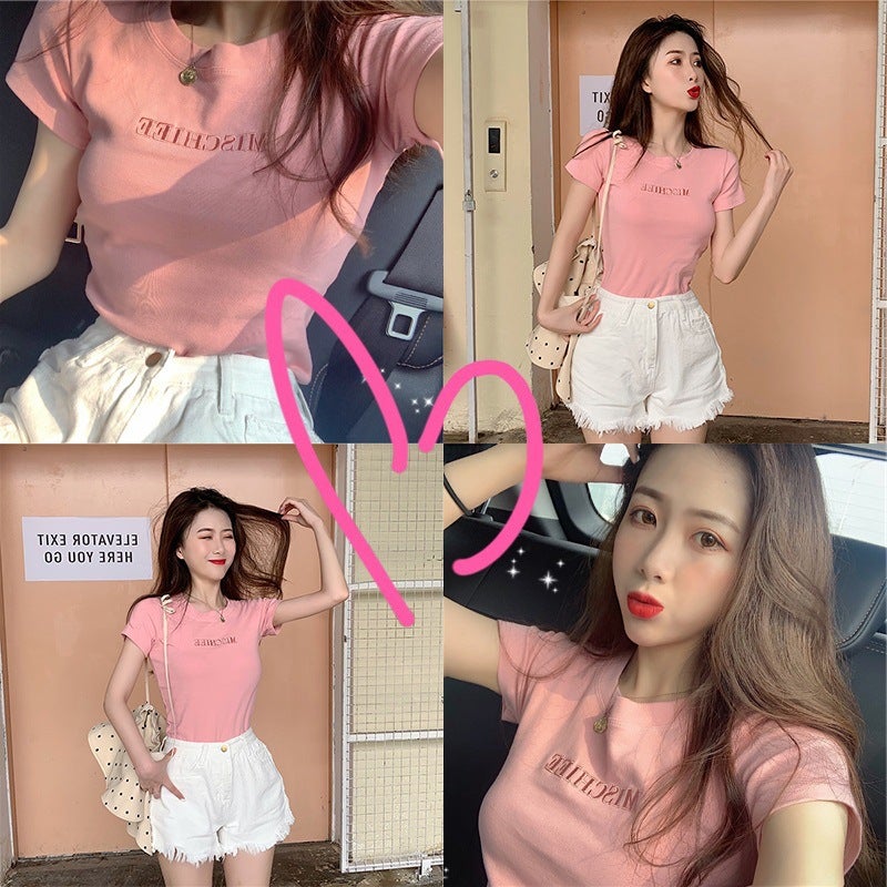2025 Korean Style Letter Embroidery Slim-Fit Short-Sleeve T-Shirt For Female Students, Women'S Fashion Trend - Image 4