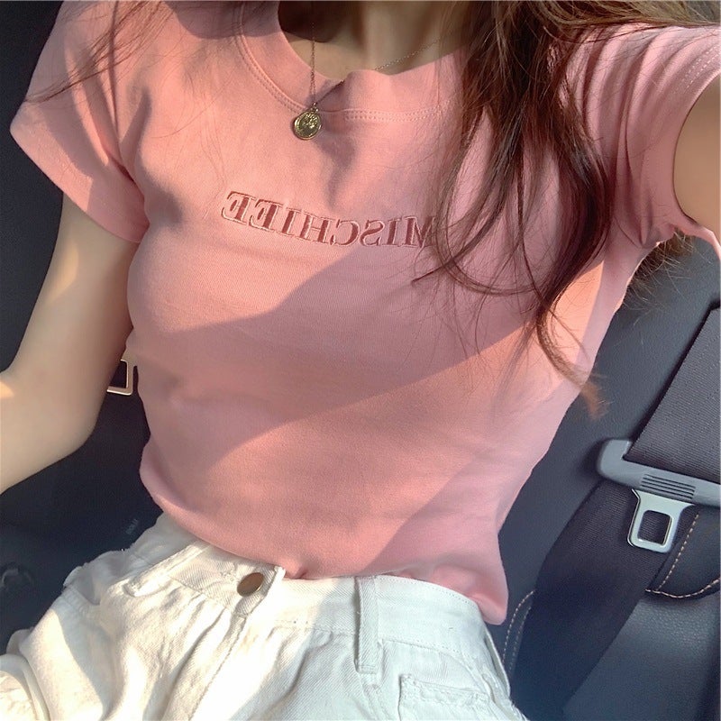 2025 Korean Style Letter Embroidery Slim-Fit Short-Sleeve T-Shirt For Female Students, Women'S Fashion Trend - Image 2
