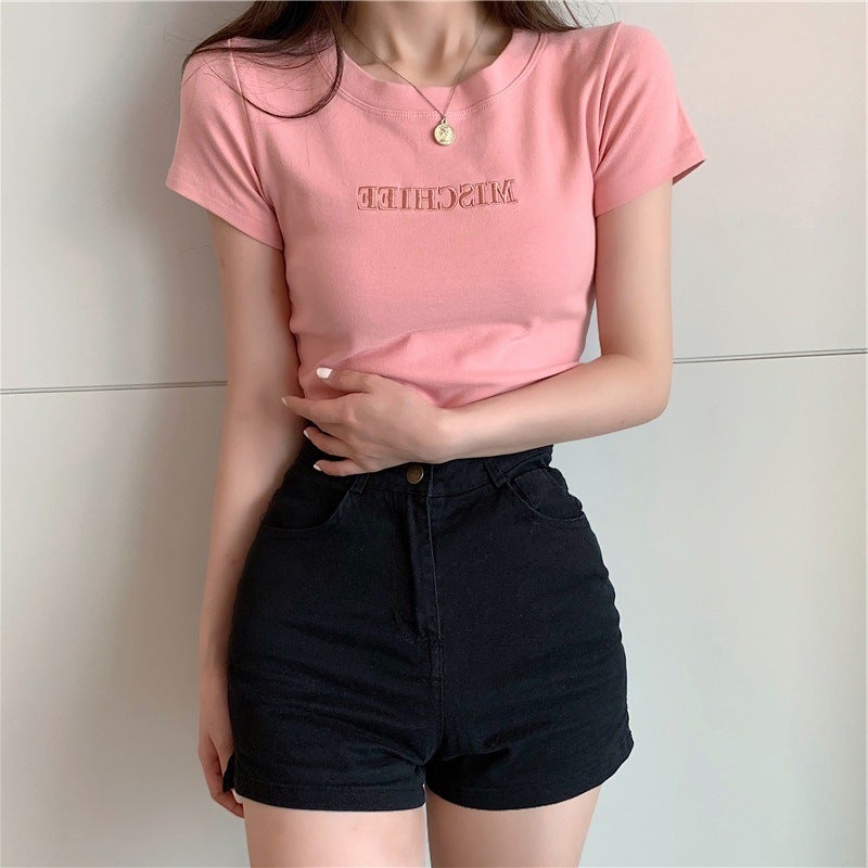 2025 Korean Style Letter Embroidery Slim-Fit Short-Sleeve T-Shirt For Female Students, Women'S Fashion Trend - Image 5