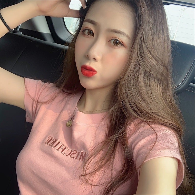 2025 Korean Style Letter Embroidery Slim-Fit Short-Sleeve T-Shirt For Female Students, Women'S Fashion Trend - Image 3