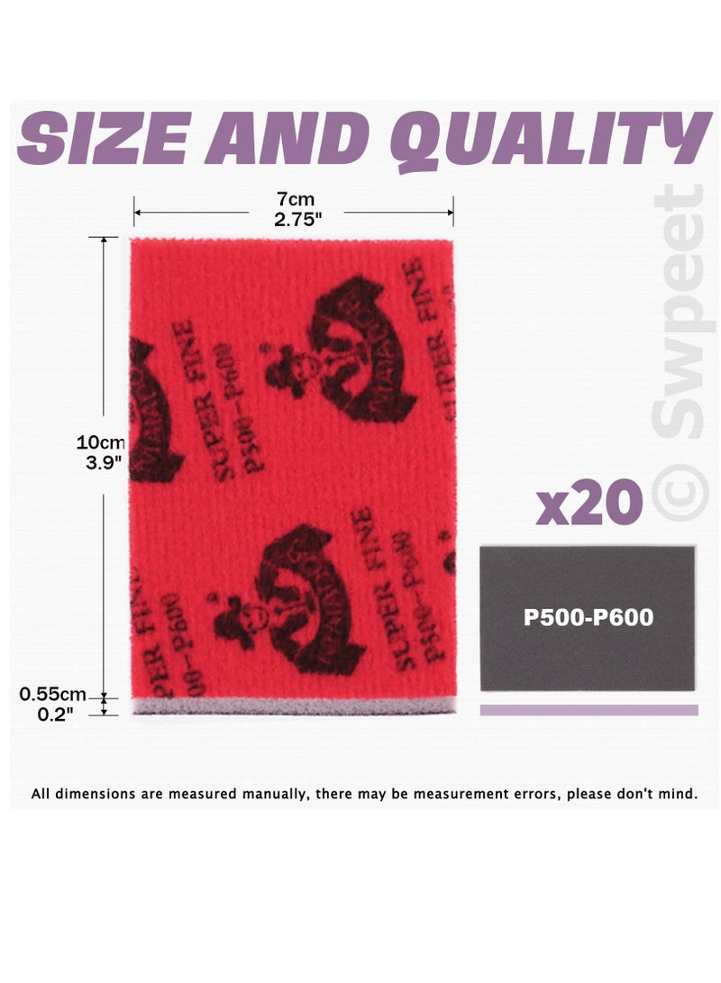 SOLARAE 21Pcs 3.9 x 2.8 Inch #500 Grit Ultra Fine Sanding Sponge Sanding Pads and Wooden Paint Brush Assortment Kit, Soft Foam Sand Block Wet Dry Flexible Sanding Pads for Model Drywall - Image 2