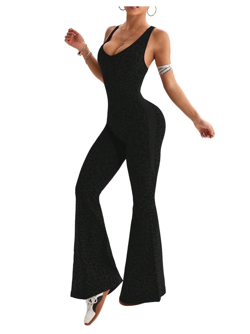 Verdusa Women's Cheetah Print Workout Sets Yoga Jumpsuit Criss Cross Sleeveless Work Out Clothes Flared Pants Jumpsuits Black Medium - Image 1