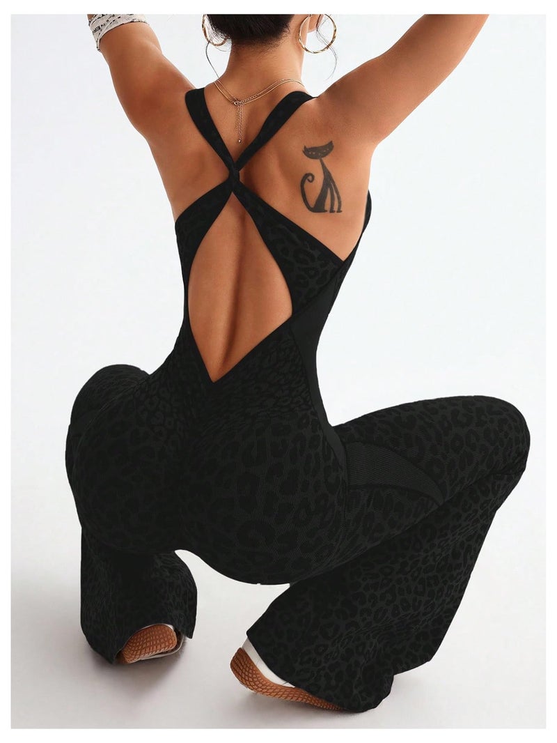 Verdusa Women's Cheetah Print Workout Sets Yoga Jumpsuit Criss Cross Sleeveless Work Out Clothes Flared Pants Jumpsuits Black Medium - Image 4