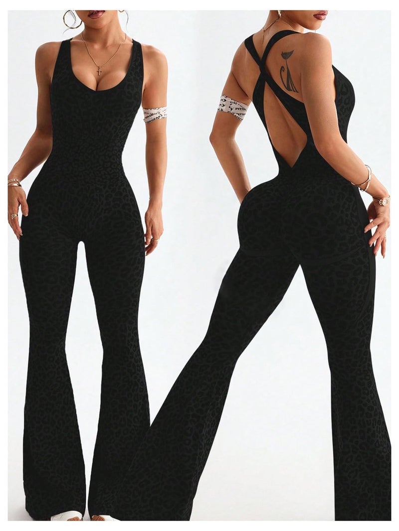 Verdusa Women's Cheetah Print Workout Sets Yoga Jumpsuit Criss Cross Sleeveless Work Out Clothes Flared Pants Jumpsuits Black Medium - Image 2