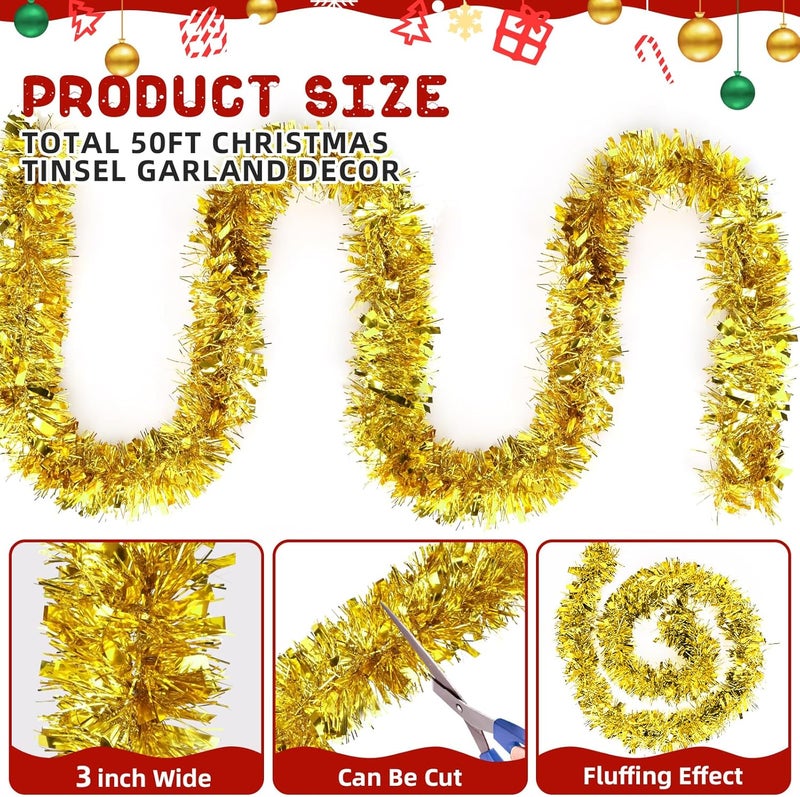 Gralima 50FT Gold Christmas Tinsel Garland, Metallic Twist Shiny Hanging Garland Ornaments for Xmas Tree Party Supplies Thick Thin Metallic Streamers for Indoor Outdoor Decor - Image 2