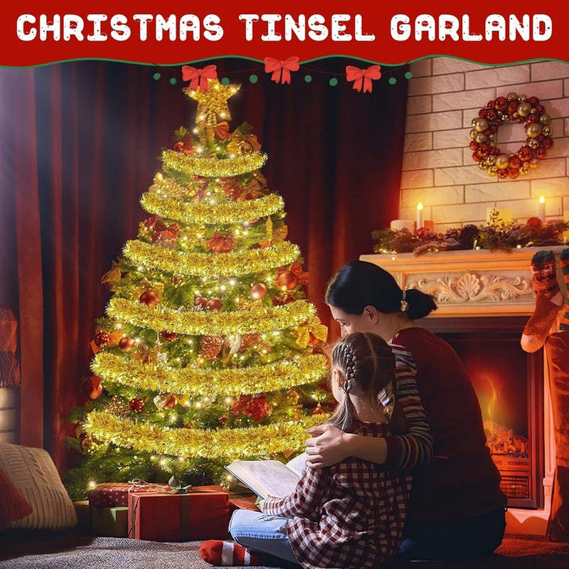Gralima 50FT Gold Christmas Tinsel Garland, Metallic Twist Shiny Hanging Garland Ornaments for Xmas Tree Party Supplies Thick Thin Metallic Streamers for Indoor Outdoor Decor - Image 3