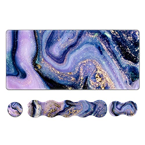 ARTSO Upgraded Extended Gaming Mouse Pad, Keyboard Wrist Rest Pad, Wrist Support Mousepad Set, Artso Large Stable Rubber Base Stitched Edge Desk Pad (35 x15.5 in) for Work, Office, Home, Purple Marble - Image 1