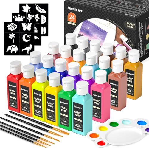 Shuttle Art Fabric Paint 24 Colors Permanent Soft Fabric Paint in Bottles (60ml/2oz) with Brushes &Stencils, Non-Toxic Textile Paint for T-Shirts, Shoes, Jeans, Bags, DIY Projects & Crafts - Image 1