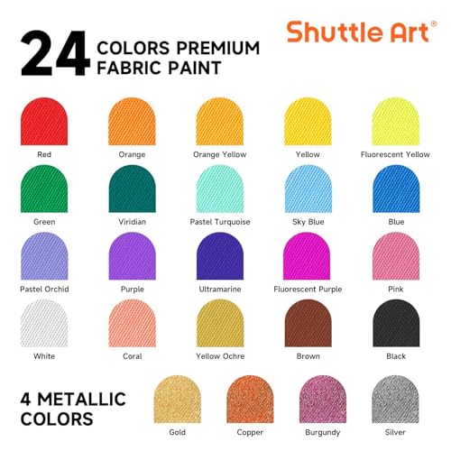 Shuttle Art Fabric Paint 24 Colors Permanent Soft Fabric Paint in Bottles (60ml/2oz) with Brushes &Stencils, Non-Toxic Textile Paint for T-Shirts, Shoes, Jeans, Bags, DIY Projects & Crafts - Image 2