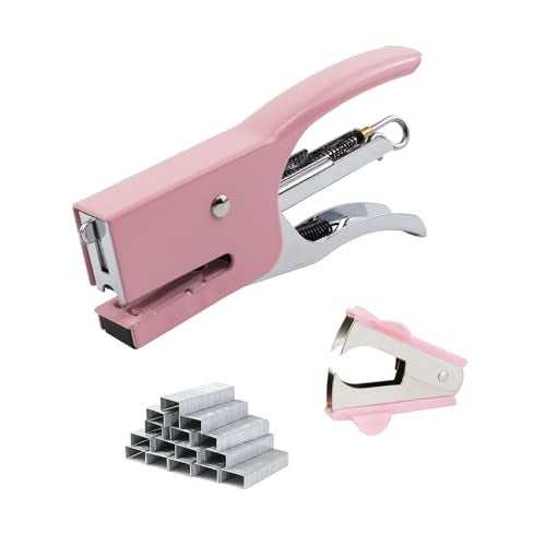 Aacehlh Small Hand-held Stapler Set, 15 Sheet Capacity, Includes 750Pcs Staples and A Staple Remover, Mini Desktop Stapler for Office, School, Home or Travel Use. (Pink) - Image 1