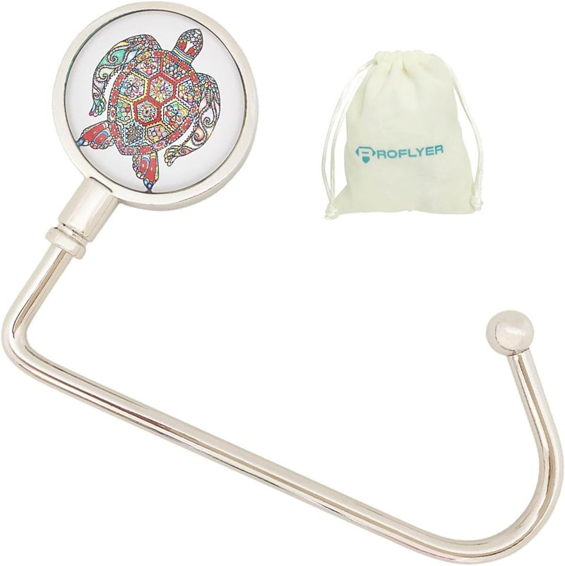 ROFLYER Purse Hook Hanger for Table Bar Long Handbag Hanger Bag Hanger with Velvet Pouch (Colorful Turtle) - Image 1