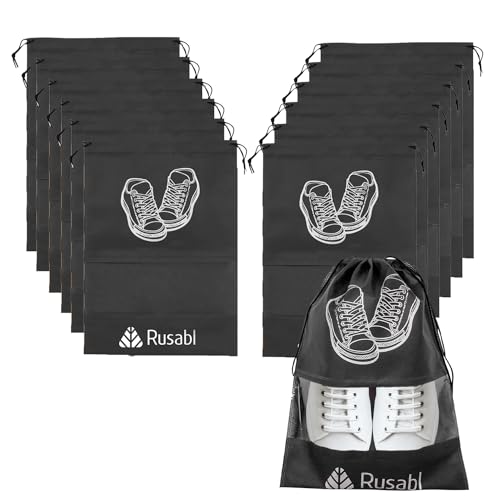 Rusabl Shoe Bag for Travel (Pack of 12, Black) Non Woven, See Through Window, Drawstring Closure, Travel Organiser Pouch for Women & Men Sports Shoes, Sandals, Slippers, Footwear Cover for Travelling - Image 1
