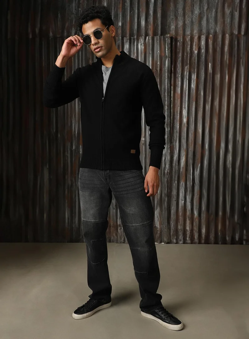 HIGH STAR Men's Black 100% Acrylic Solid Sweater