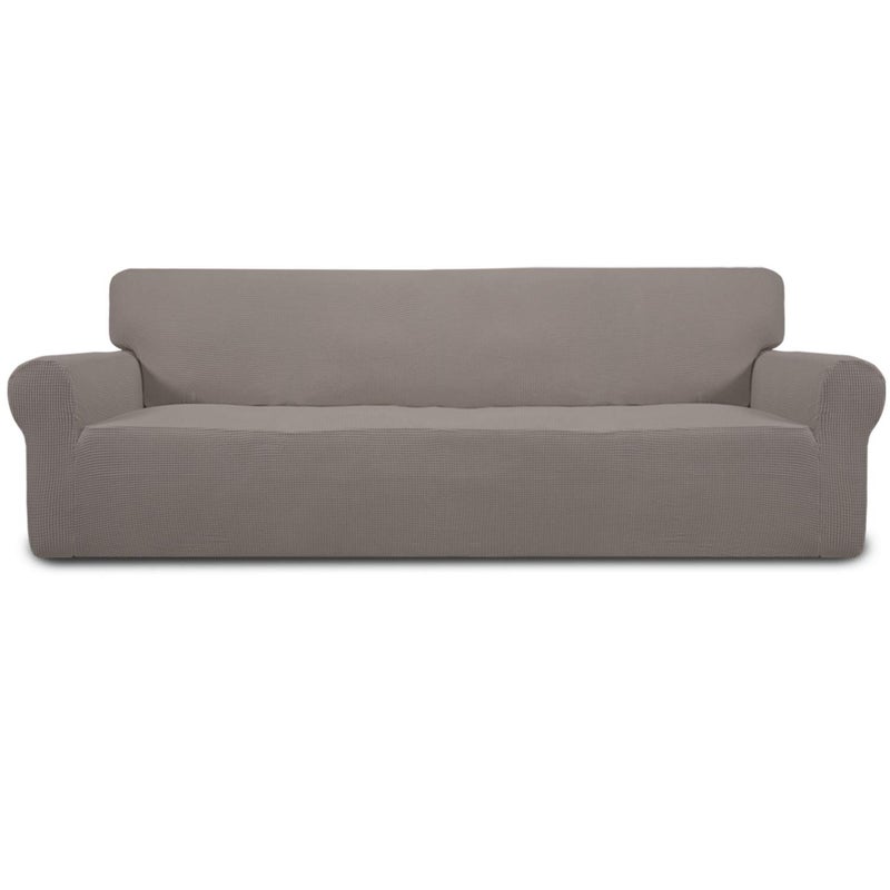 غطاء أريكة سهل الاستخدام 4 مقاعد قطعة واحدة واقي أثاث أريكة ناعم مع قاعدة مرنة للأطفال قماش بوليستر سباندكس جاكار بخطوط صغيرة رمادية فاتحة