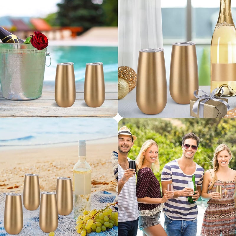 Lifecapido 8 Pack Insulated Champagne Tumblers, Stemless Champagne Tumbler 6 Oz, Champagne Flutes Wine Tumbler, Unbreakable Cocktail Cups with Lid, Gift for Family Friends Christmas Birthday Wedding (Gold) - Image 5