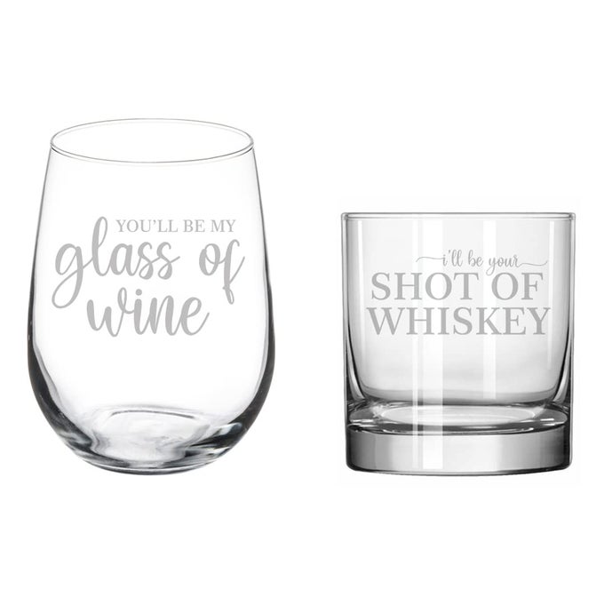 SET OF 2 GLASSES STEMLESS WINE ROCKS WHISKEY GIFT ILL BE YOUR SHOT OF WHISKEY YOULL BE MY GLASS OF WINE WEDDING ANNIVERSARY ENGAGEMENT