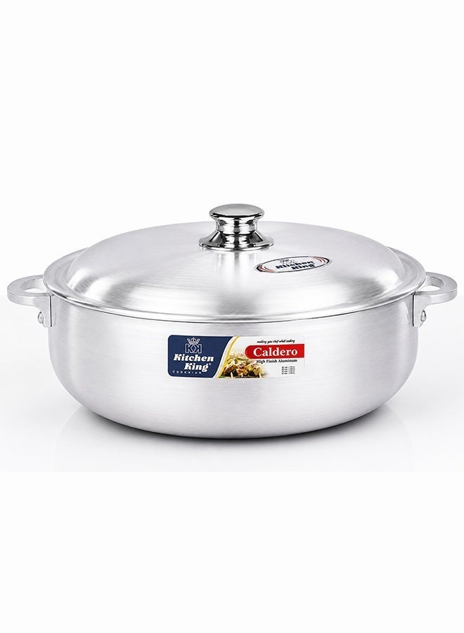 Kitchen King Caldero Aluminium Cooking Pot with Lid 26 cm (4.5 Ltr), Heavy-Duty Wide Base, Shallow Casserole for Biryani, Rice, Curry & Stews, Even Heat Distribution, Dishwasher Safe, Silver - Image 1
