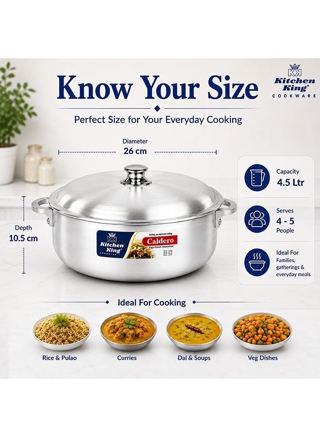 Kitchen King Caldero Aluminium Cooking Pot with Lid 26 cm (4.5 Ltr), Heavy-Duty Wide Base, Shallow Casserole for Biryani, Rice, Curry & Stews, Even Heat Distribution, Dishwasher Safe, Silver - Image 3