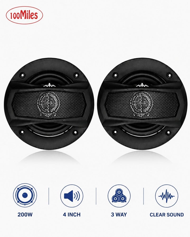 100Miles 4 Inch 3 Way Coaxial Car Speaker Pair 200W Max Flush Mount Auto Door Speakers High Performance Full Range Stereo Audio System Universal Vehicle Loudspeaker Clear Sound Deep Bass Midrange Tweeter 100mm Round Speaker Set - Image 1