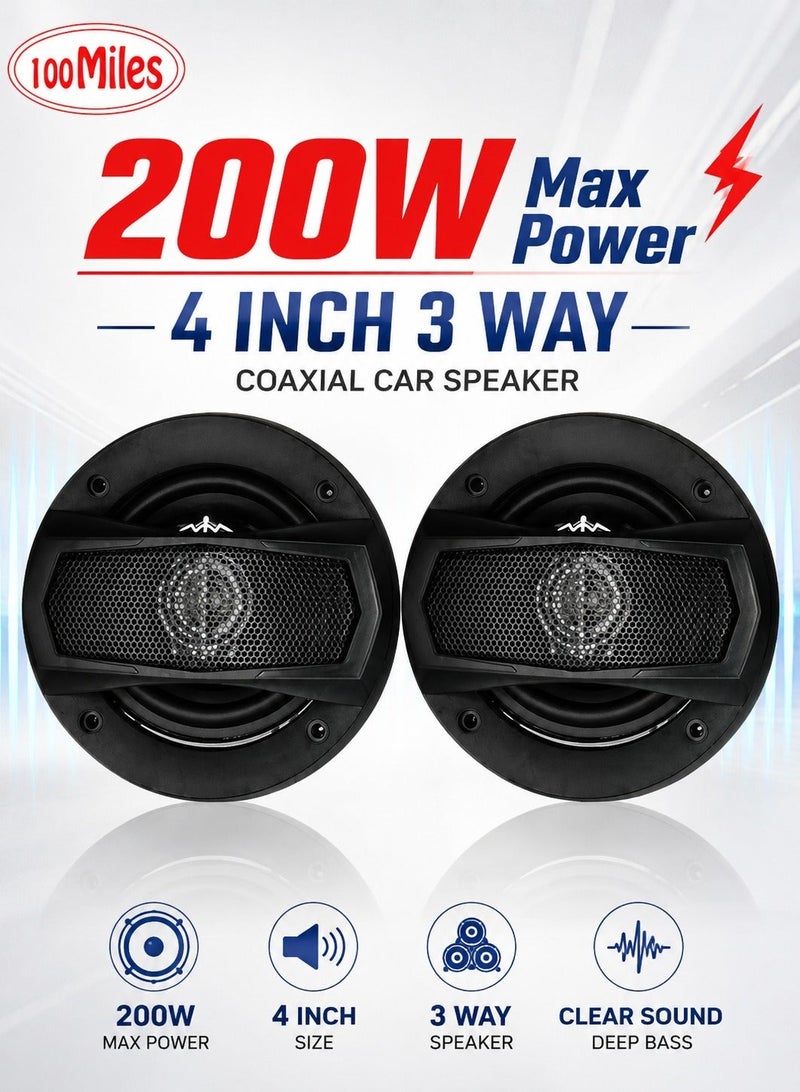 100Miles 4 Inch 3 Way Coaxial Car Speaker Pair 200W Max Flush Mount Auto Door Speakers High Performance Full Range Stereo Audio System Universal Vehicle Loudspeaker Clear Sound Deep Bass Midrange Tweeter 100mm Round Speaker Set - Image 2
