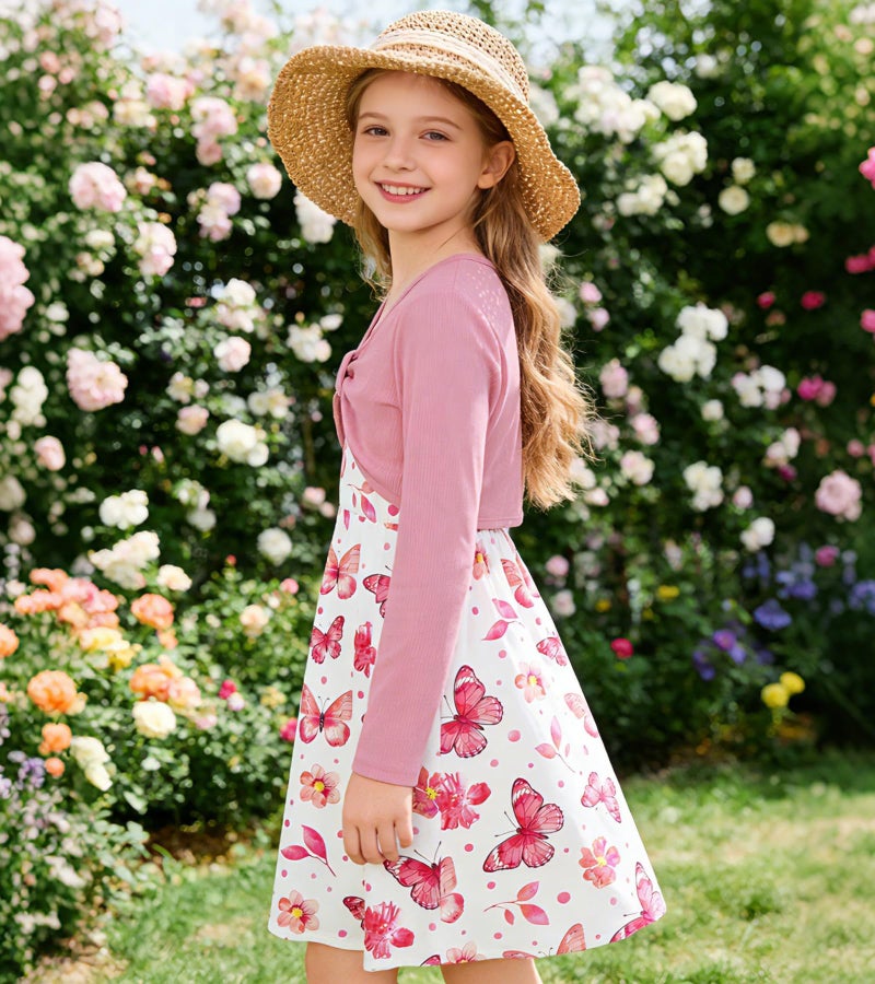 Kimoda Girls Cute 2 Piece Outfit 5-6 Years Pink Butterfly Dress with Long Sleeve Cardigan Set Kids Casual Fall Dress Birthday Gift - Image 5