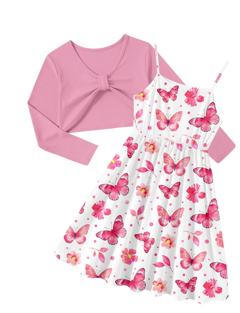 Kimoda Girls Cute 2 Piece Outfit 5-6 Years Pink Butterfly Dress with Long Sleeve Cardigan Set Kids Casual Fall Dress Birthday Gift - Image 1