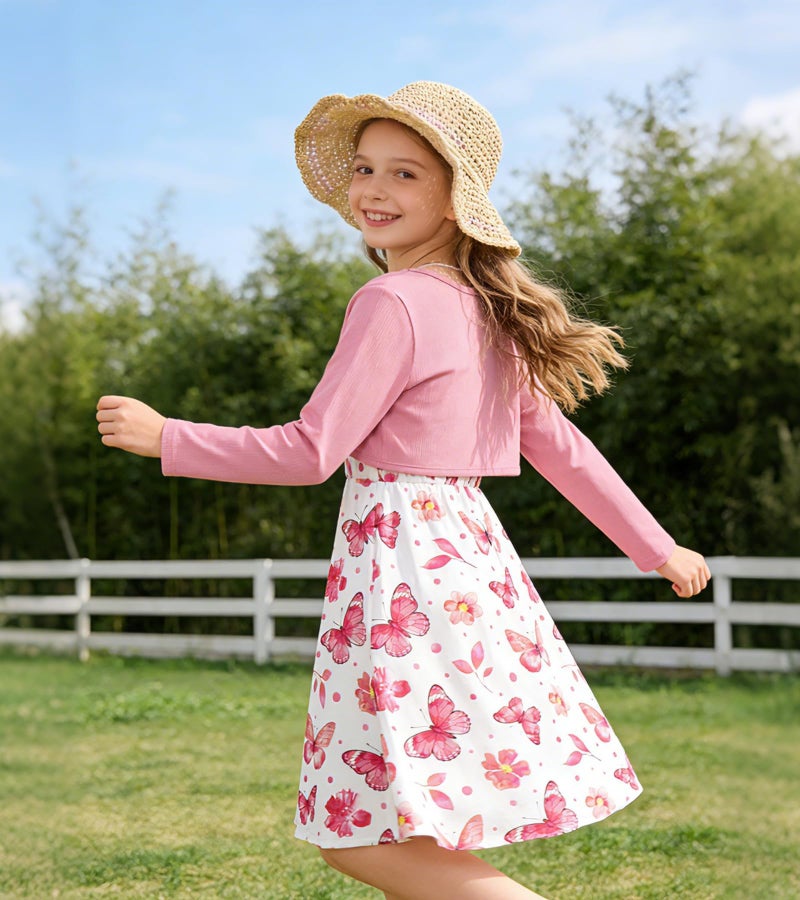Kimoda Girls Cute 2 Piece Outfit 5-6 Years Pink Butterfly Dress with Long Sleeve Cardigan Set Kids Casual Fall Dress Birthday Gift - Image 3