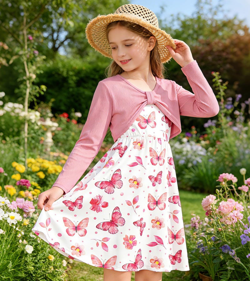 Kimoda Girls Cute 2 Piece Outfit 5-6 Years Pink Butterfly Dress with Long Sleeve Cardigan Set Kids Casual Fall Dress Birthday Gift - Image 2