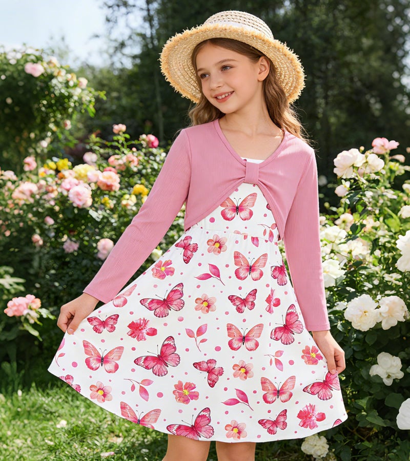 Kimoda Girls Cute 2 Piece Outfit 5-6 Years Pink Butterfly Dress with Long Sleeve Cardigan Set Kids Casual Fall Dress Birthday Gift - Image 4