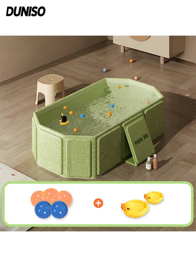 DUNISO Foldable Baby Bathtub,Portable Kids Shower Bath Basin with Support on Both Sides and Thermostatic System，Non-Slip Toddler Bath Tub with 5 Ocean Balls and 2 Duck Toys，Easy Storage，Heat-Resistant