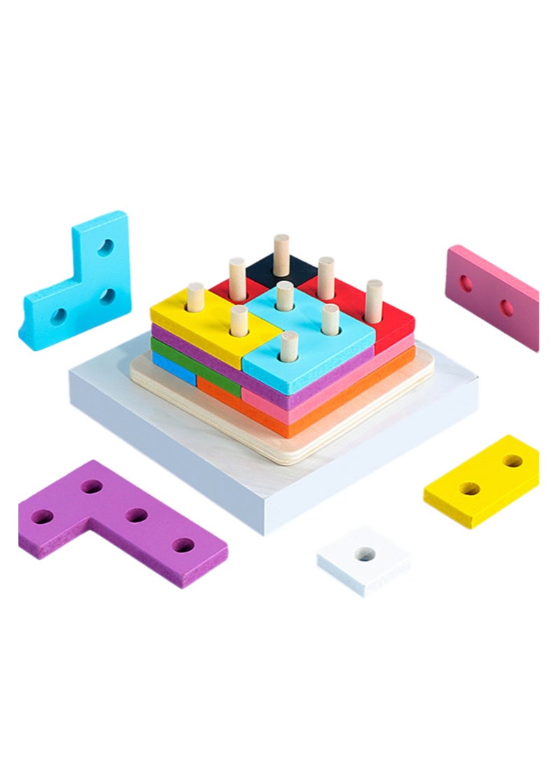 Tetris Column Set Beach Column Wooden Puzzle Early Education Baby Geometry Intelligence Board Shape Matching Building Block Toy - Image 1
