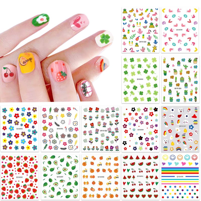 14 Sheets Nail Stickers for Women and Little Girls Nail Art Decoration 3D SelfAdhesive DIY Nail Decals Set Including Hearts Fruits Flowers Animals Rainbow Nail Art Stickers for Woman Kids Girls