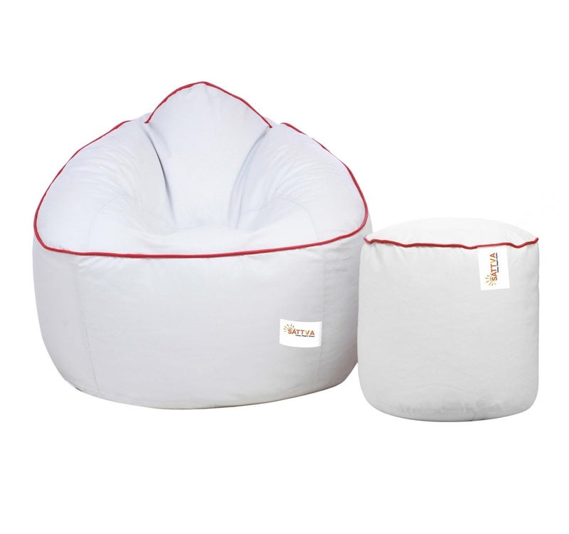 SATTVA Classy.Elegant.Stylish Sattva Combo Muddha Bean Bag Cover and Round Footstool Cover Without Beans White with Red Piping  - Image 5