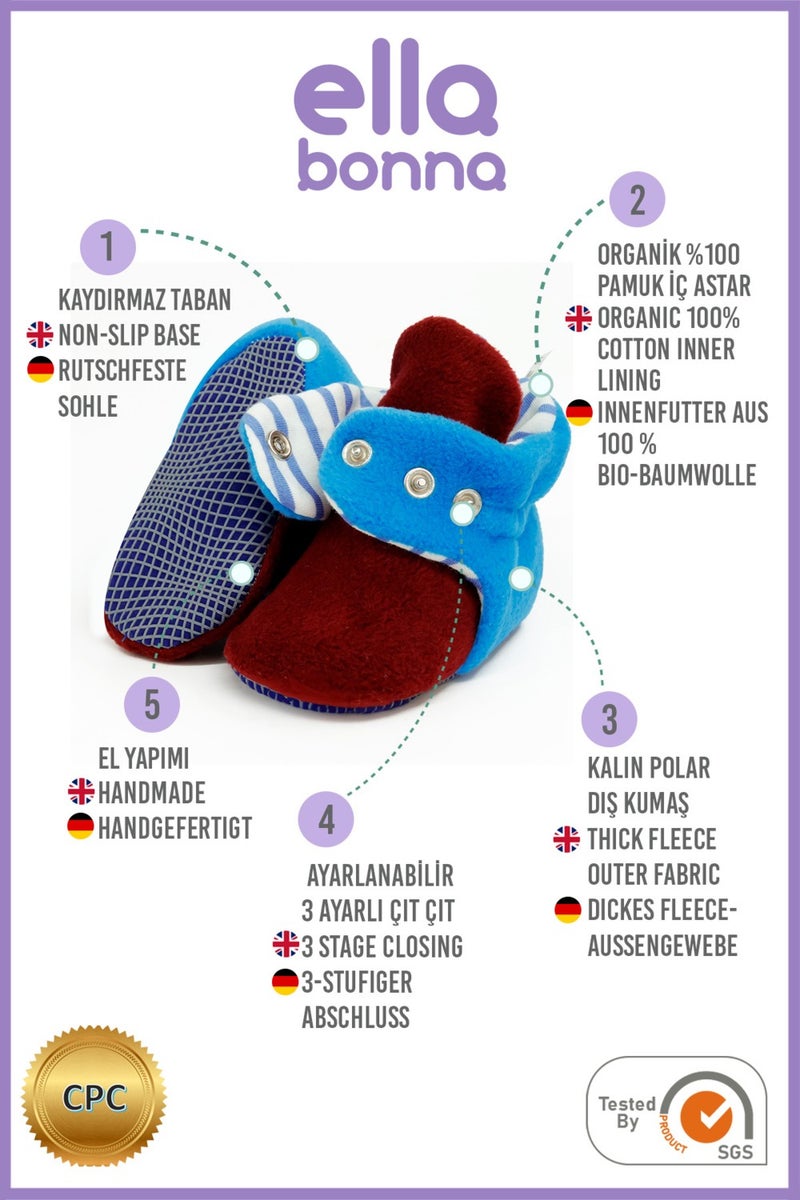 Ella Bonna Polar Baby Slippers, Non-Slip Sole, Organic Cotton Lined, First Step Home Slippers, Claret Blue Fan  - Image 4