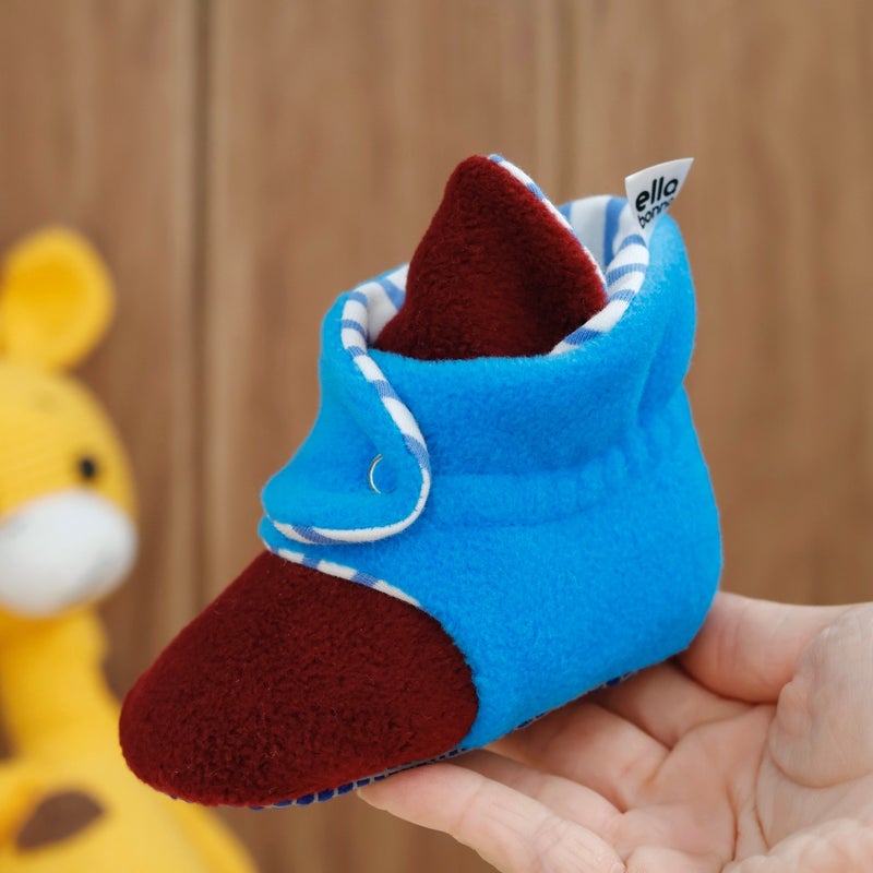 Ella Bonna Polar Baby Slippers, Non-Slip Sole, Organic Cotton Lined, First Step Home Slippers, Claret Blue Fan  - Image 5