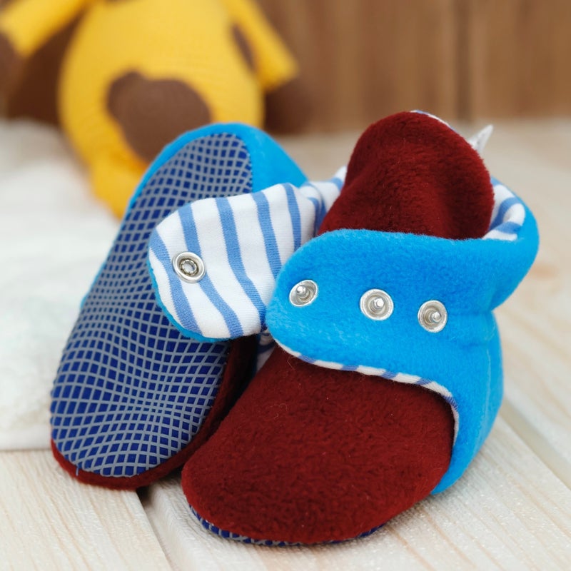 Ella Bonna Polar Baby Slippers, Non-Slip Sole, Organic Cotton Lined, First Step Home Slippers, Claret Blue Fan  - Image 3