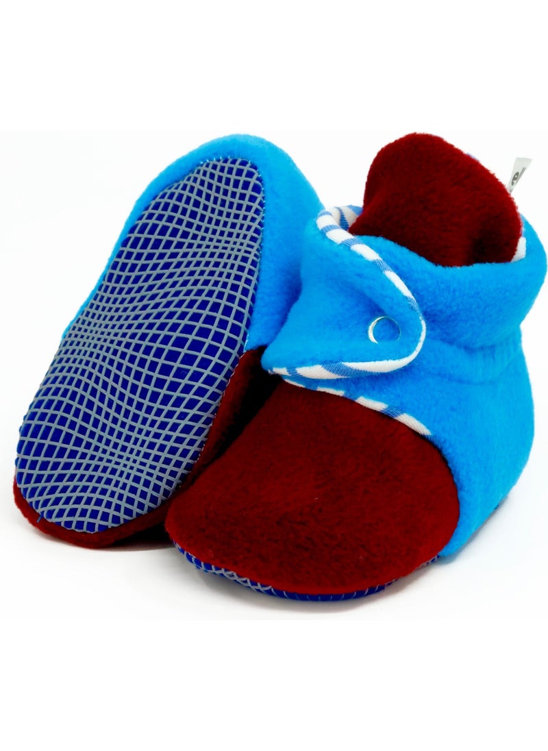 Ella Bonna Polar Baby Slippers, Non-Slip Sole, Organic Cotton Lined, First Step Home Slippers, Claret Blue Fan  - Image 2