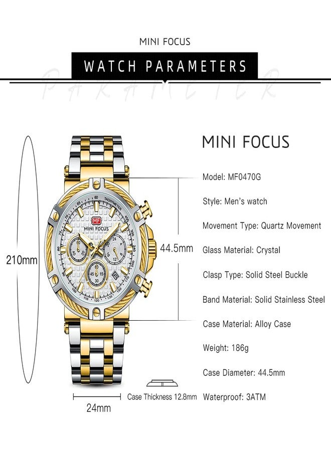 MF MINI FOCUS Business Men Watches (Chronograph/Waterproof/Luminous/Calendar/24 Hours) Big Face Stainless Steel Band Watches for Men, Silver_Golden - Image 5