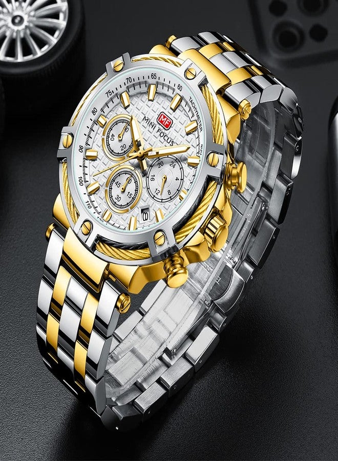 MF MINI FOCUS Business Men Watches (Chronograph/Waterproof/Luminous/Calendar/24 Hours) Big Face Stainless Steel Band Watches for Men, Silver_Golden - Image 2