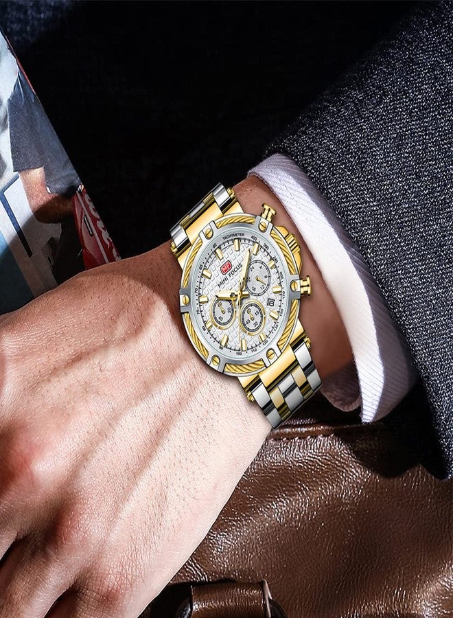 MF MINI FOCUS Business Men Watches (Chronograph/Waterproof/Luminous/Calendar/24 Hours) Big Face Stainless Steel Band Watches for Men, Silver_Golden - Image 3