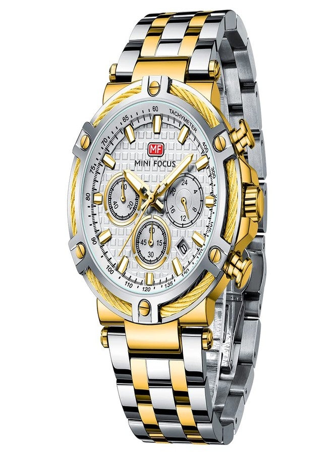 MF MINI FOCUS Business Men Watches (Chronograph/Waterproof/Luminous/Calendar/24 Hours) Big Face Stainless Steel Band Watches for Men, Silver_Golden - Image 1