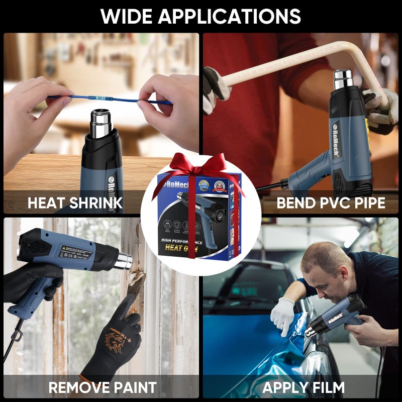 ROMECH 1500W Heavy Duty Heat Gun, Variable Temperature Control Hot Air Gun Kit with 2 Air Flow 120Â°F~1200Â°F and 4 Nozzles for Crafts Shrink Wrap (Blue) - Image 5