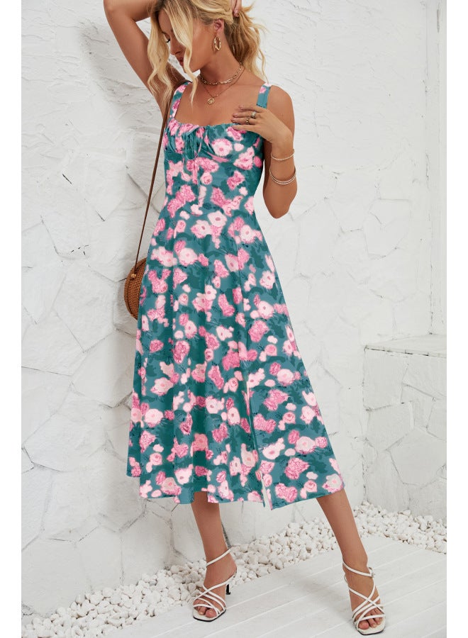 سبرينغ أحزمة الربيع والصيف الجديدة أزياء النساء الأوروبية والأمريكية طباعة الزهور الريفية فستان طويل أنيق - Image 1