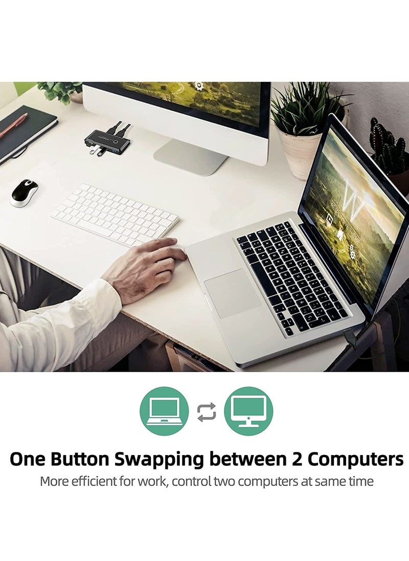 KASTWAVE - USB Switch Selector, Computers Share 4 Port 2 Peripheral Switcher Adapter Hub PC Printer Scanner Mouse Keyboard with One Button Switch and 2 Pack USB 3.0 Cable - Image 1