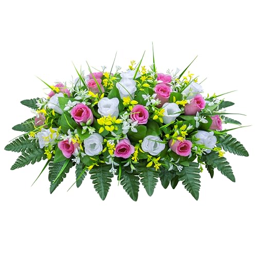 LVXINLI Artificial Cemetery Flowers Saddle-Shaped Tombstone Decorations Non-Fading UV-Resistant（Pink+White Saddle ） - Image 1