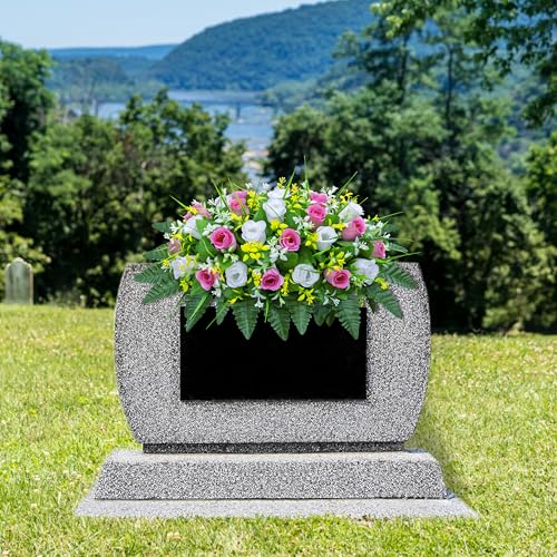 LVXINLI Artificial Cemetery Flowers Saddle-Shaped Tombstone Decorations Non-Fading UV-Resistant（Pink+White Saddle ） - Image 2