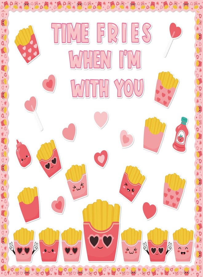 CPicdn 123Pcs Valentine’s Day Bulletin Board Classroom Decorations Time Fries Cutouts Love Heart Name Tags Border Trims for Valentines Party Supplies School Elementary Chalkboard Wall Door Decor - Image 1