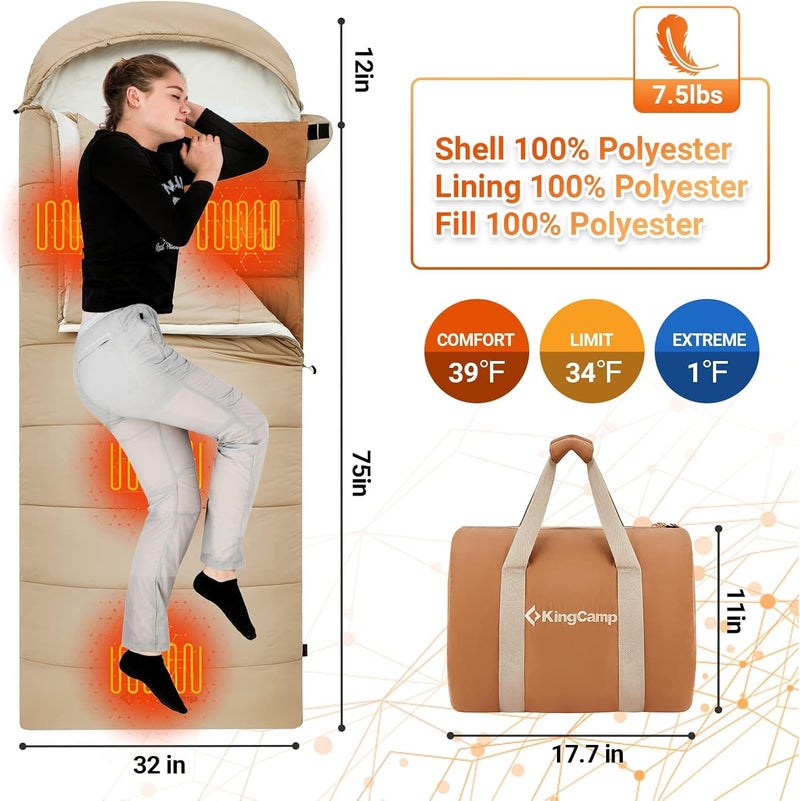 KingCamp كيس نوم مدفأ من كينغ كامب، 4 مناطق تدفئة، كيس نوم للبالغين في الطقس البارد مع 3 مستويات تدفئة قابلة للتعديل وبطانة قابلة للإزالة للتخييم، المشي لمسافات طويلة والصيد (لا تشمل البطارية) - Image 3